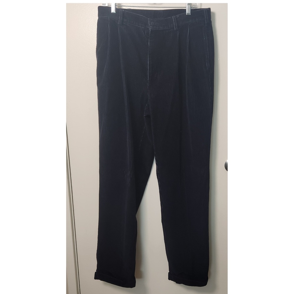 Jos. A Bank Wide Whale Corduroy Blue Pleated Pants Cuffed 34x31 Preppy Holiday